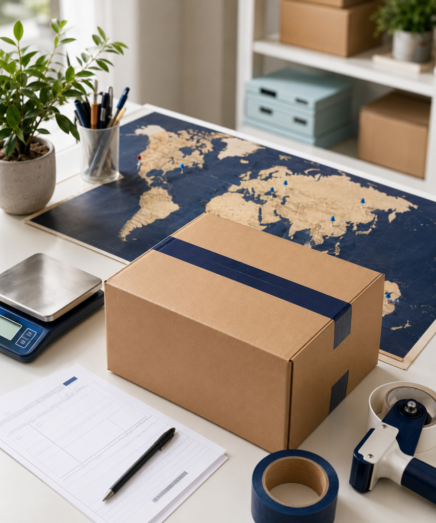 A UK ecommerce parcel prepared for overseas delivery beside a world map