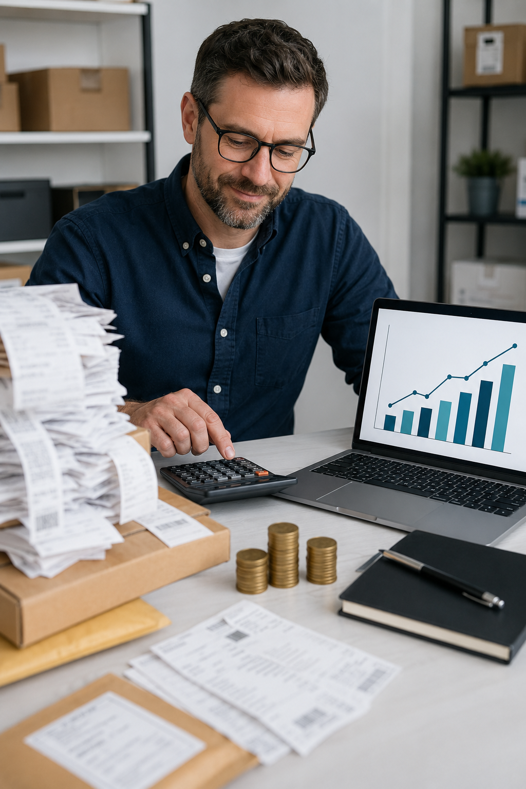A UK seller and accountant reviewing VAT invoices and marketplace charges
