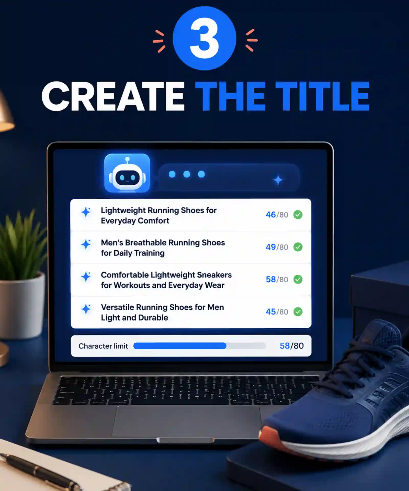AI-generated product title options checked against an 80-character limit