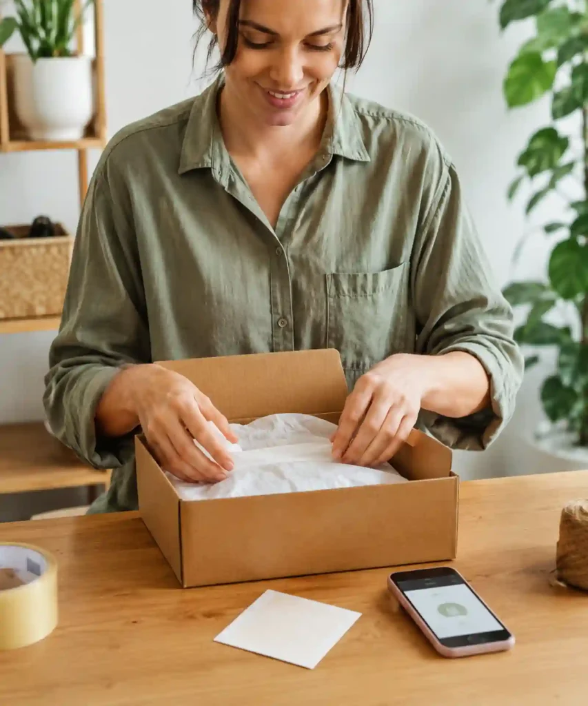 Small online seller carefully packing a first customer order