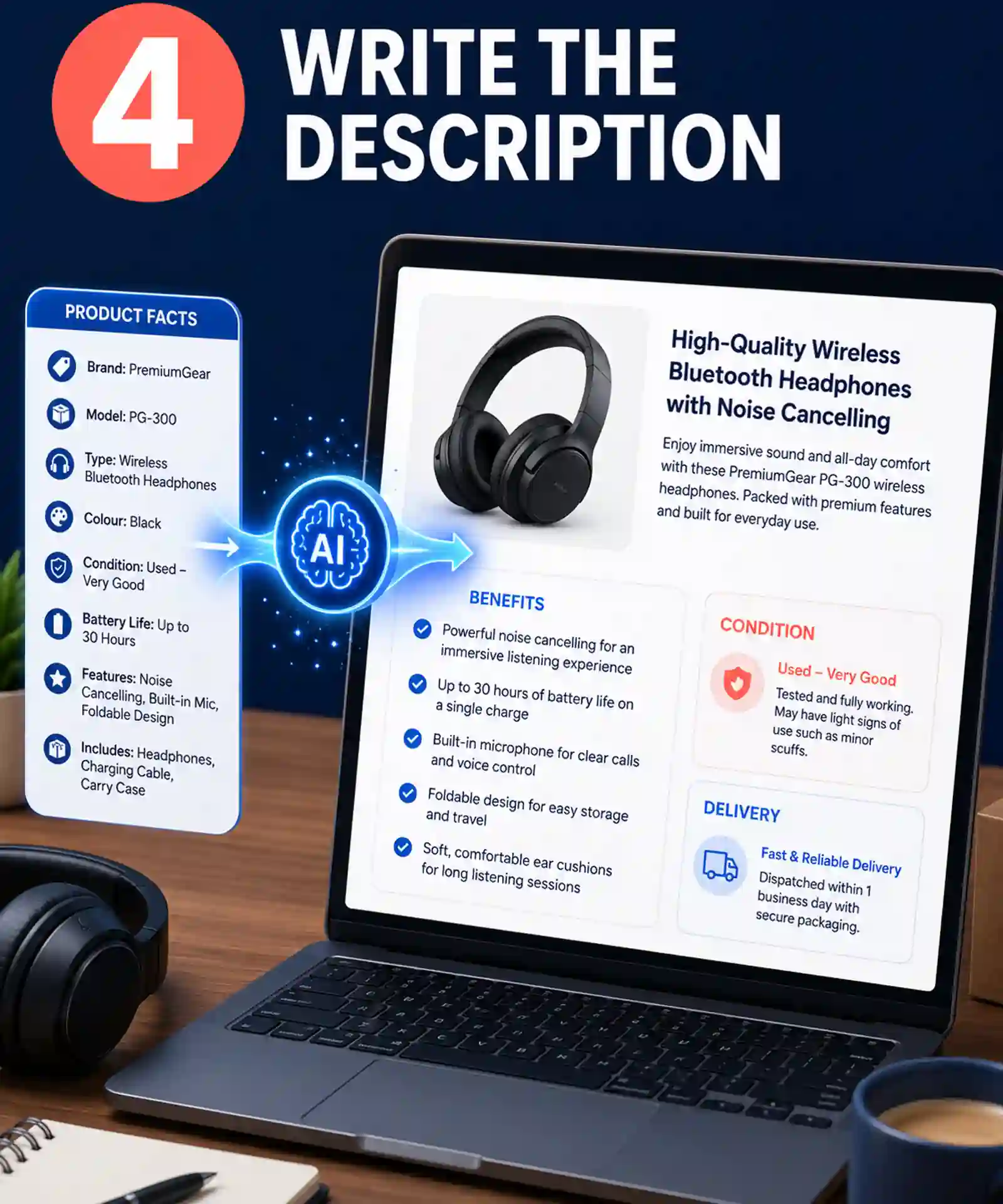 Verified product facts being transformed into a clear online listing description