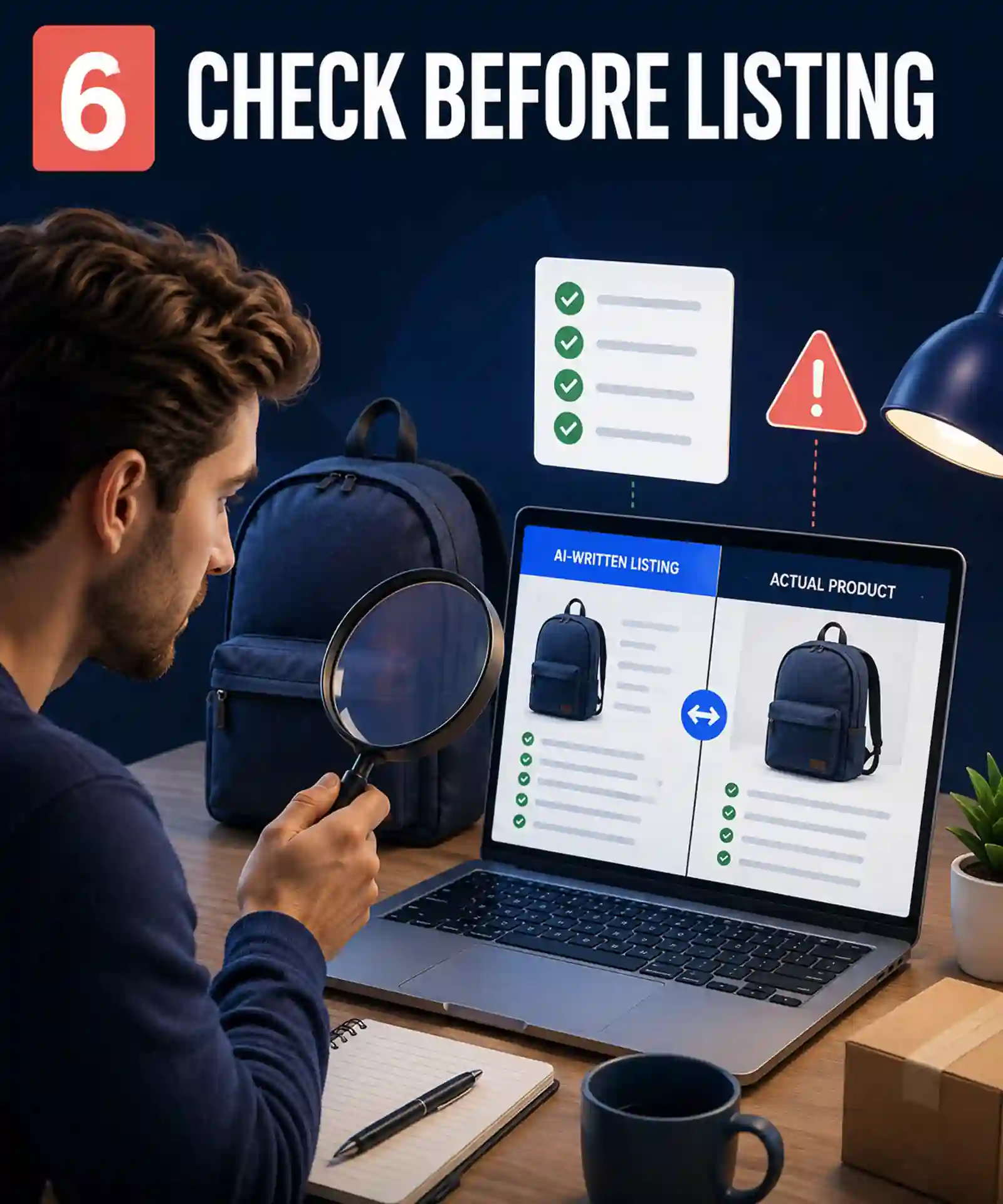 Seller comparing an AI-written listing with the actual product using a checklist