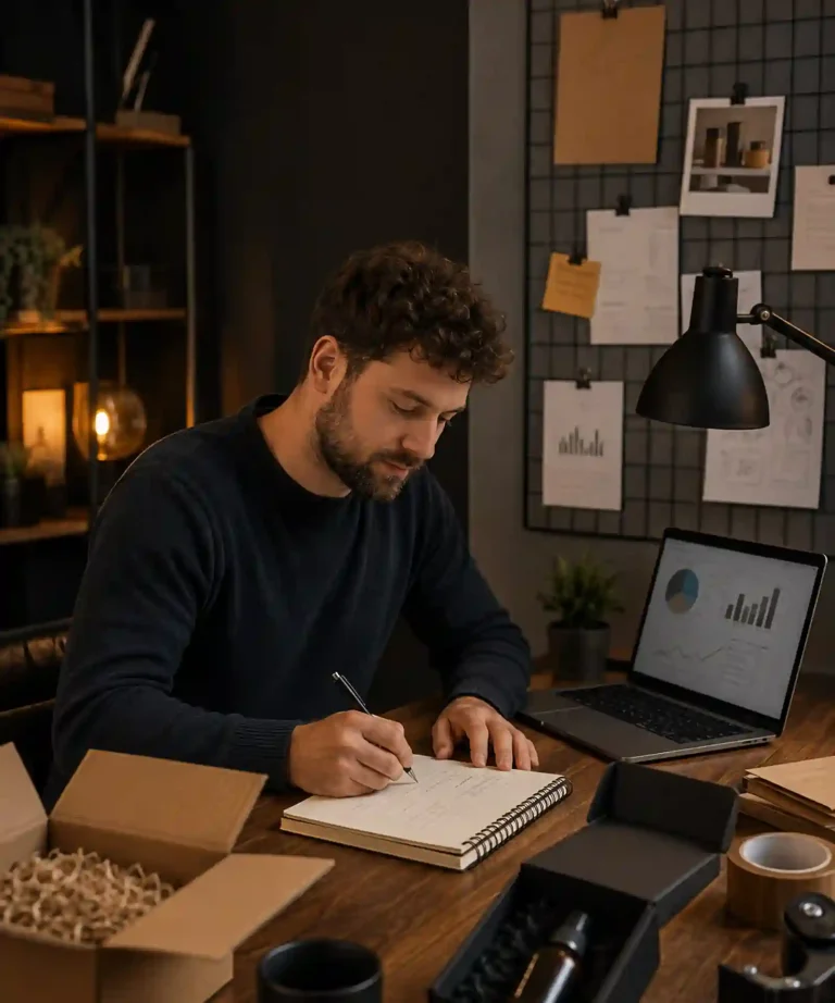 Online business founder creating a practical plan at a home-office desk