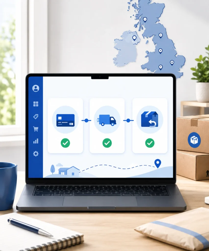 Beginner reviewing payment, postage and returns policies on an online marketplace dashboard