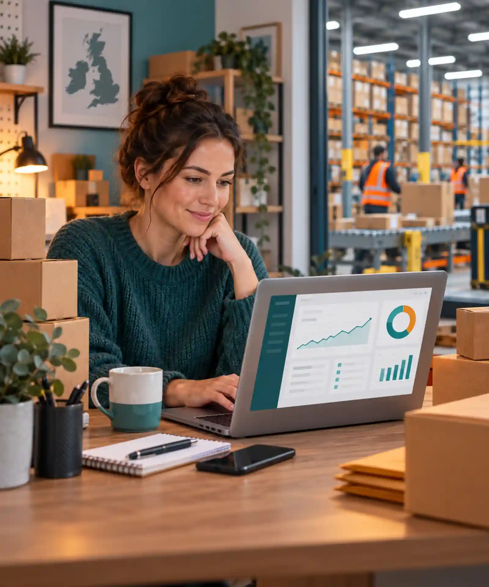 UK online seller managing products while a fulfilment warehouse operates behind her