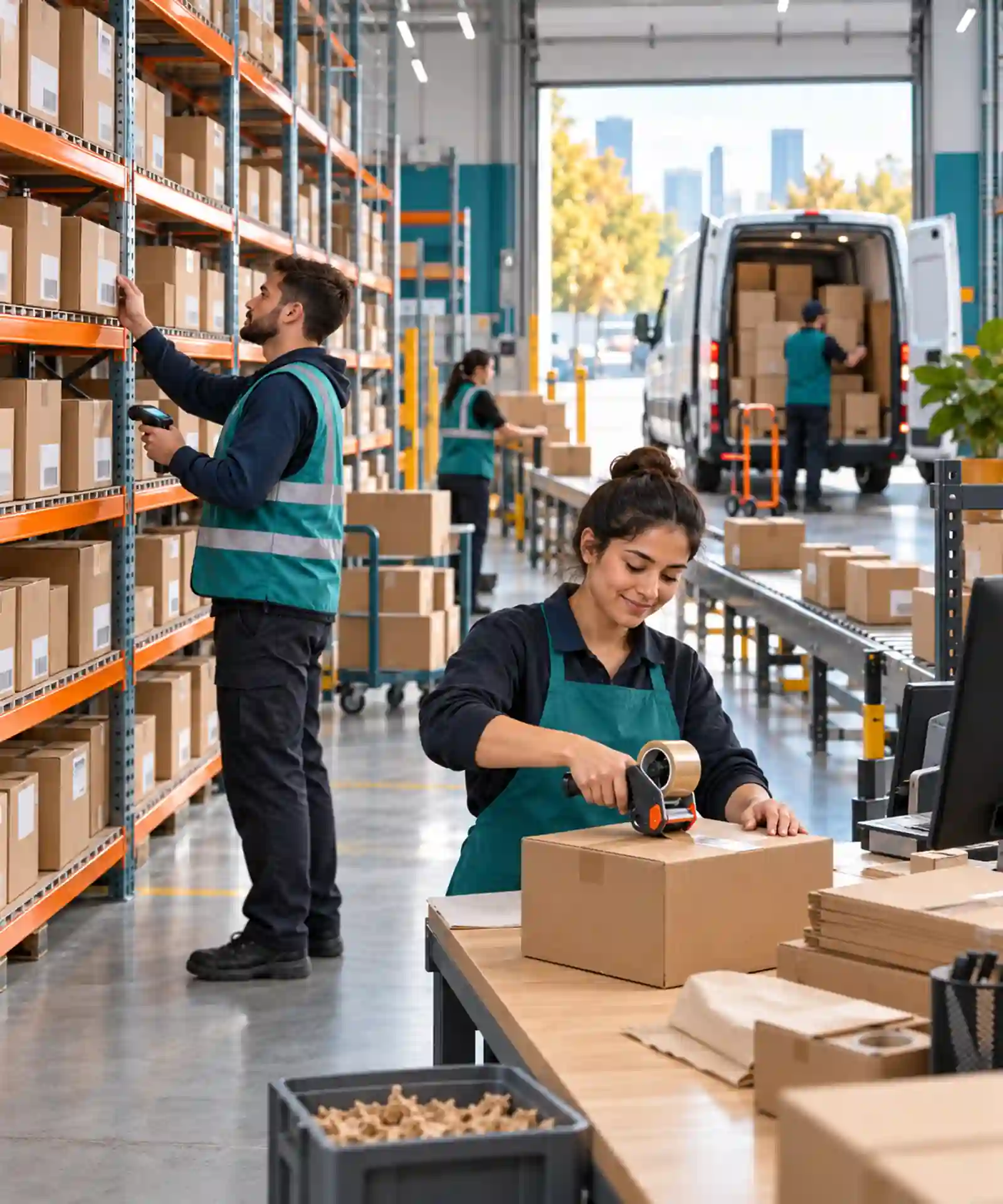 Workers picking, packing and loading ecommerce parcels in a fulfilment warehouse