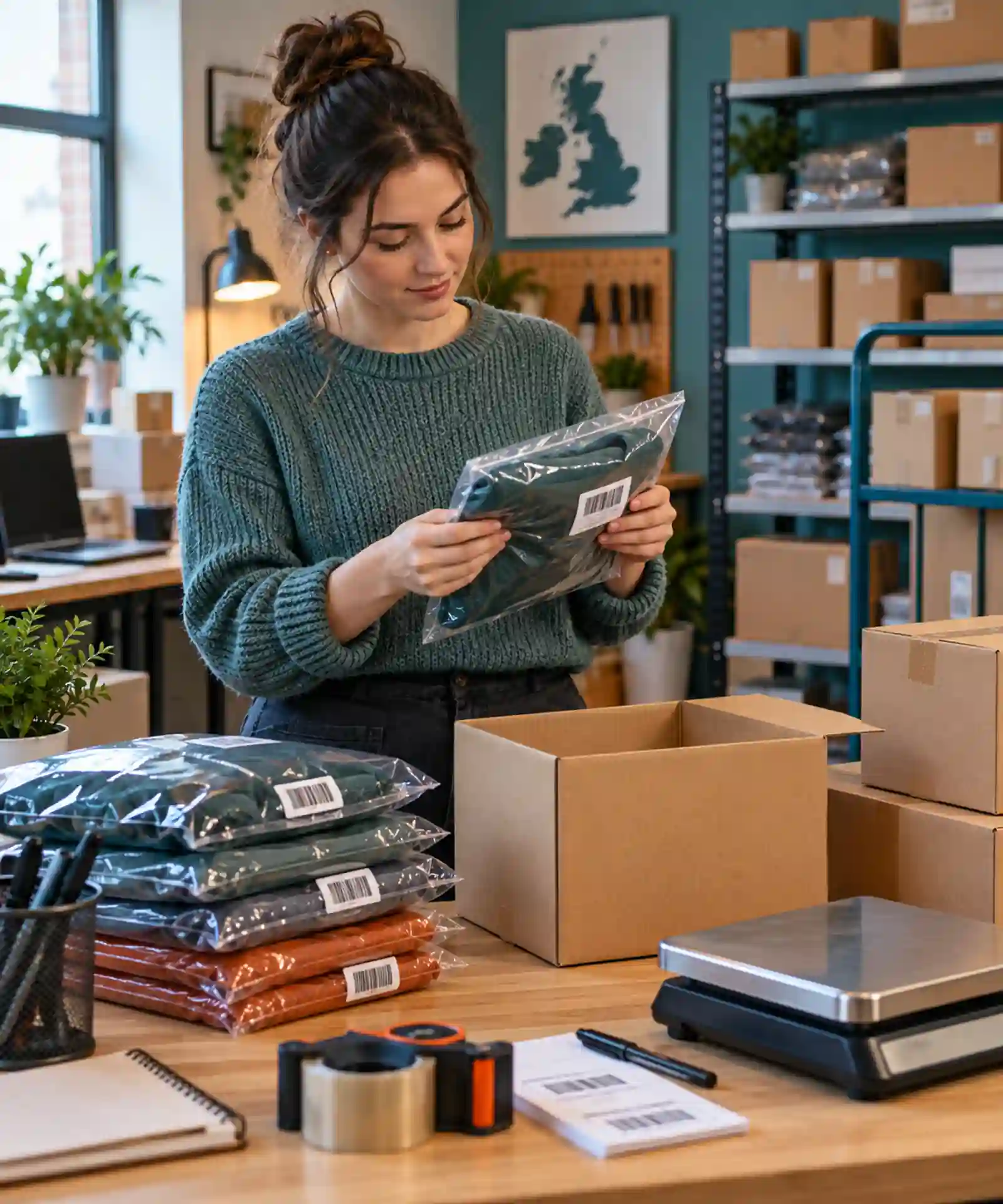 Ecommerce seller checking packaged products, labels, cartons and parcel weight