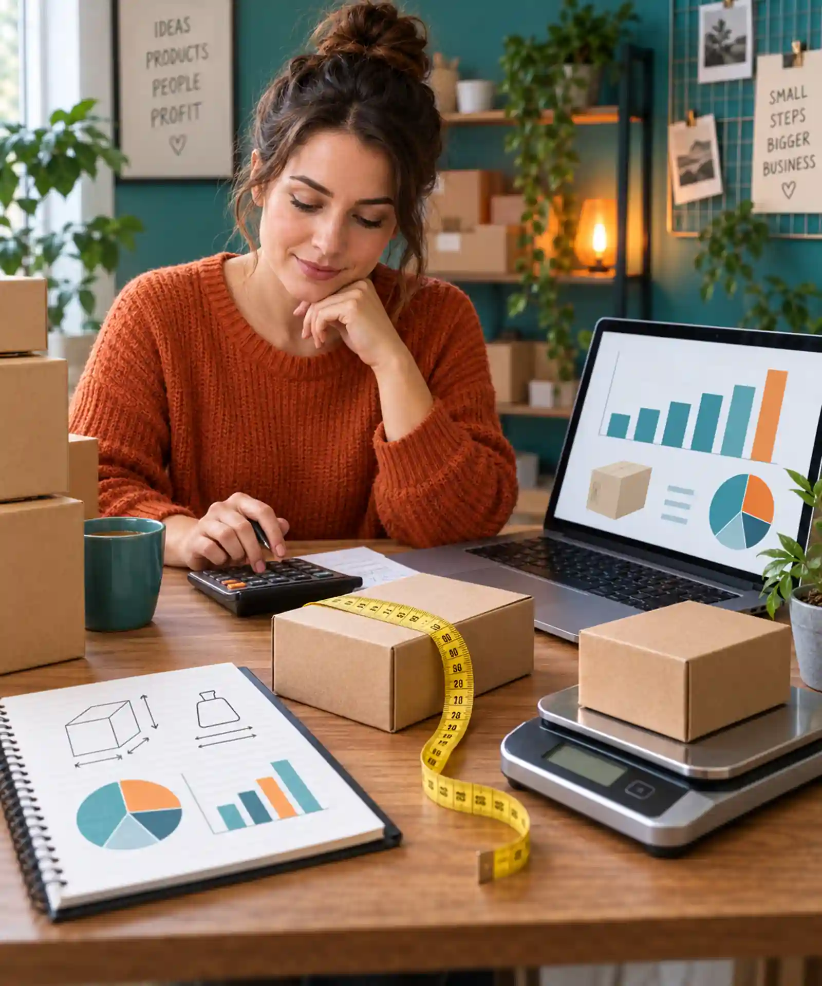 Online seller calculating parcel costs using product measurements and sales data