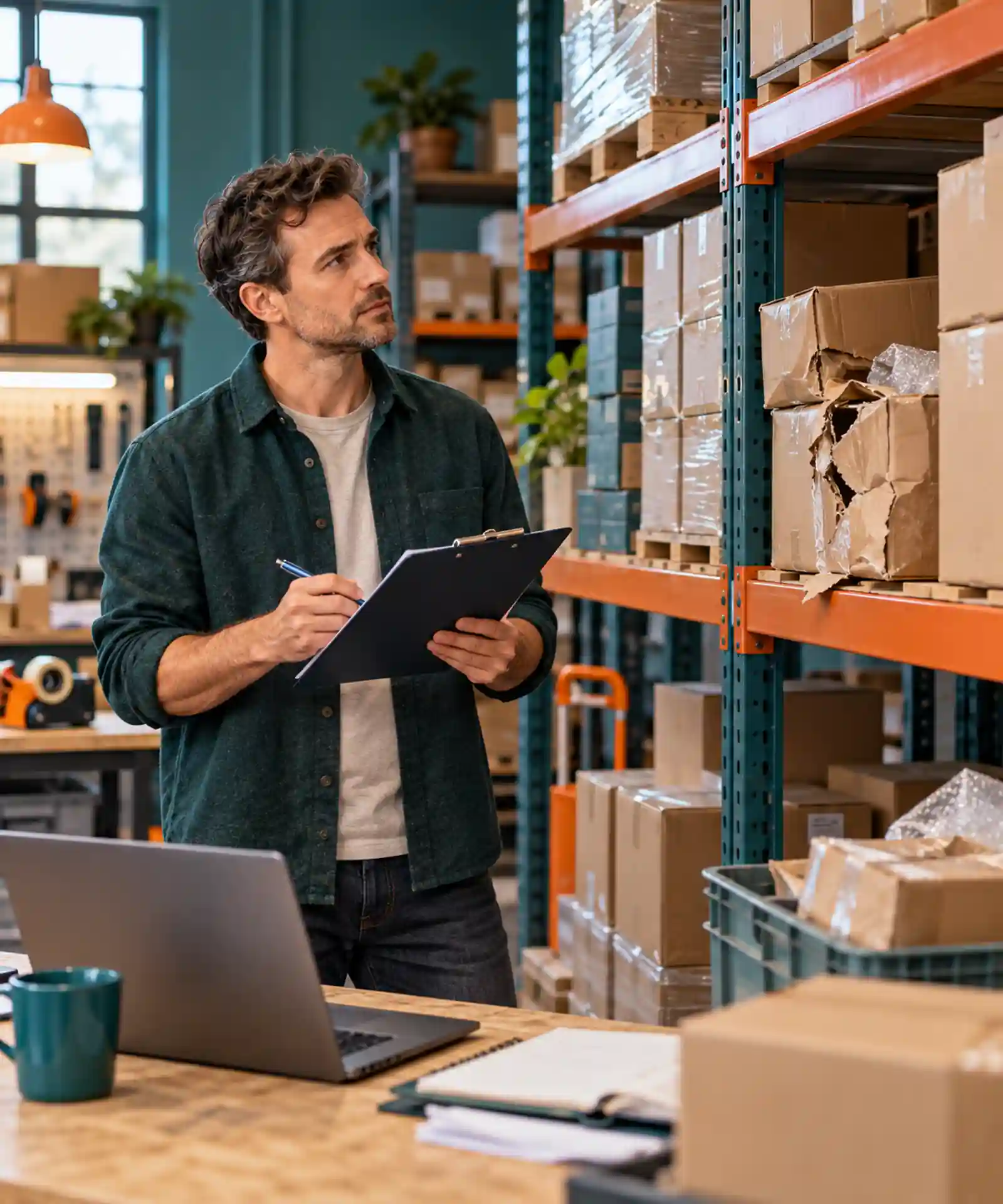 Ecommerce owner inspecting damaged stock and reviewing inventory records