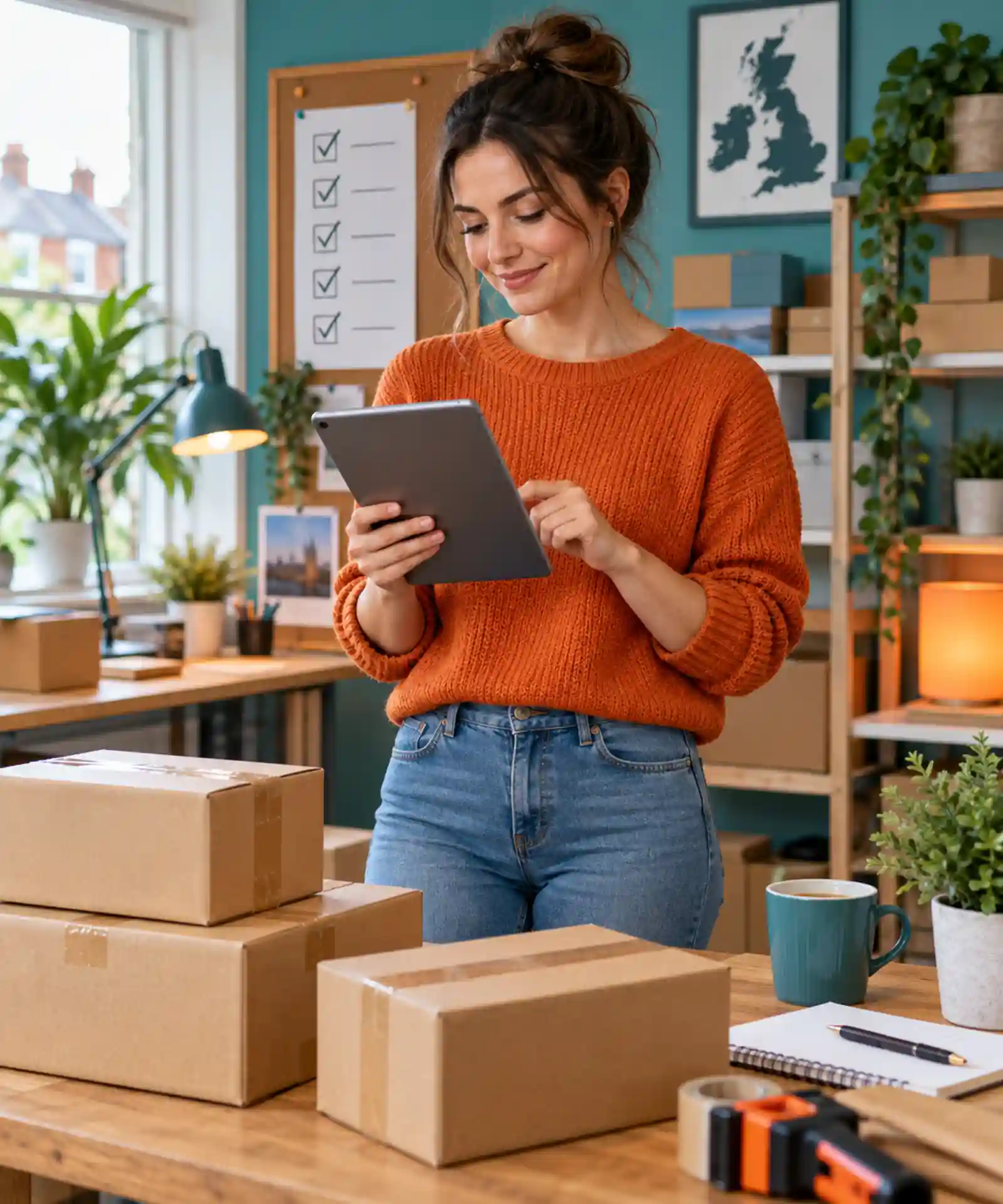 Beginner ecommerce seller reviewing a launch checklist beside prepared shipping cartons