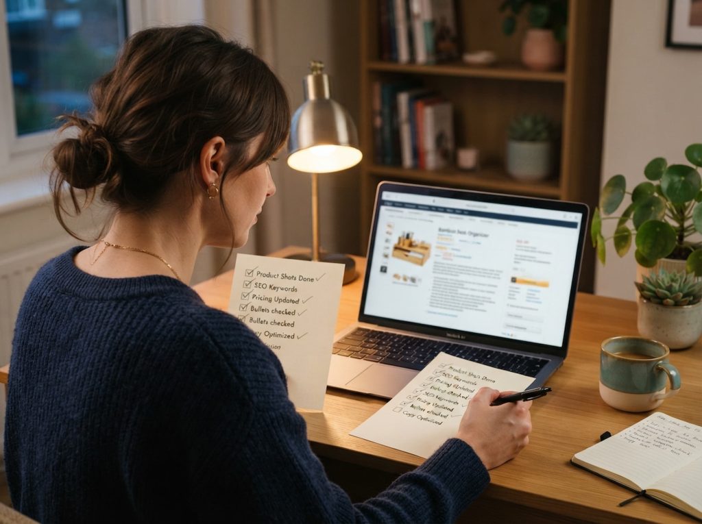 A freelancer checking a product description beside a clear project checklist