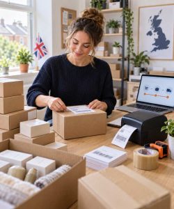 Online seller preparing labelled cartons for a first FBA shipment