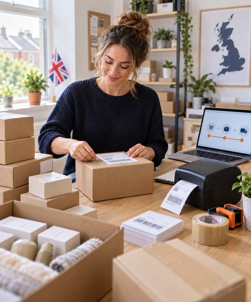 Online seller preparing labelled cartons for a first FBA shipment