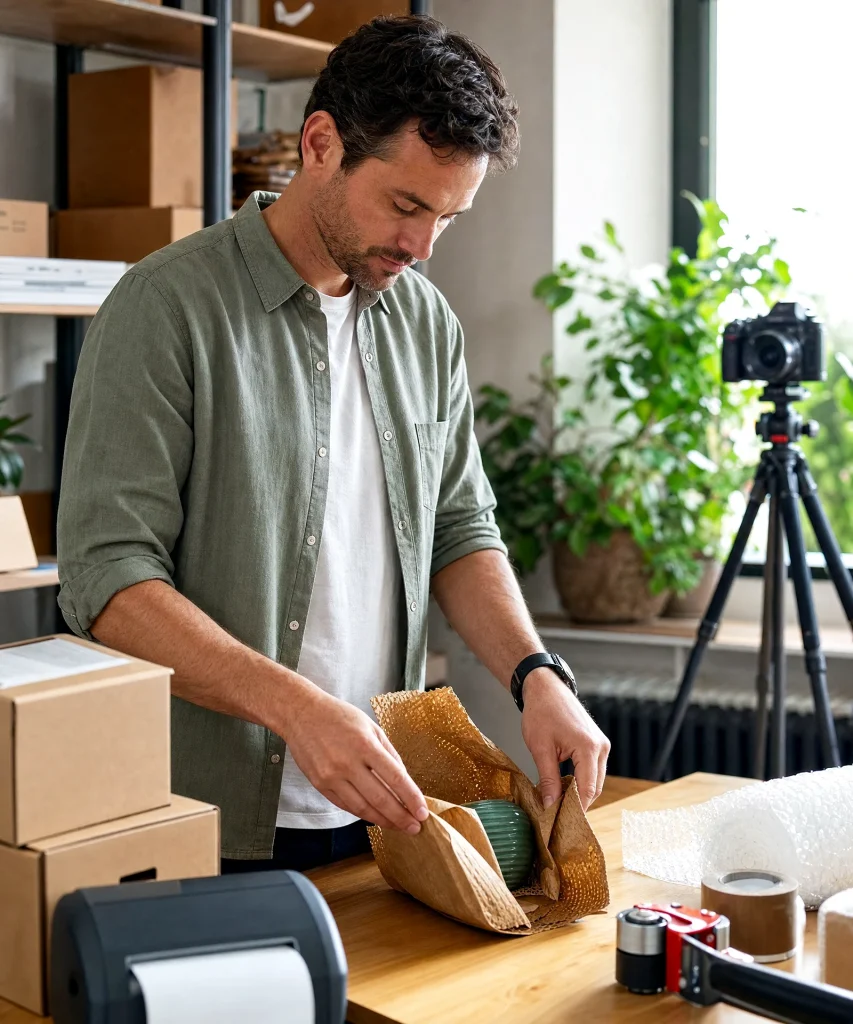 Ecommerce seller preparing researched stock for listing and dispatch